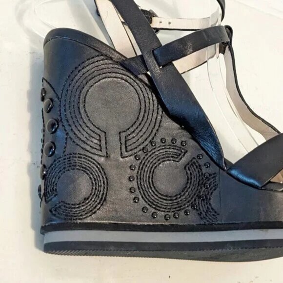 COACH Catalina Black Leather Embellished Studded Wedge Ankle Strap Sandal Sz 7.5 - Picture 4 of 12